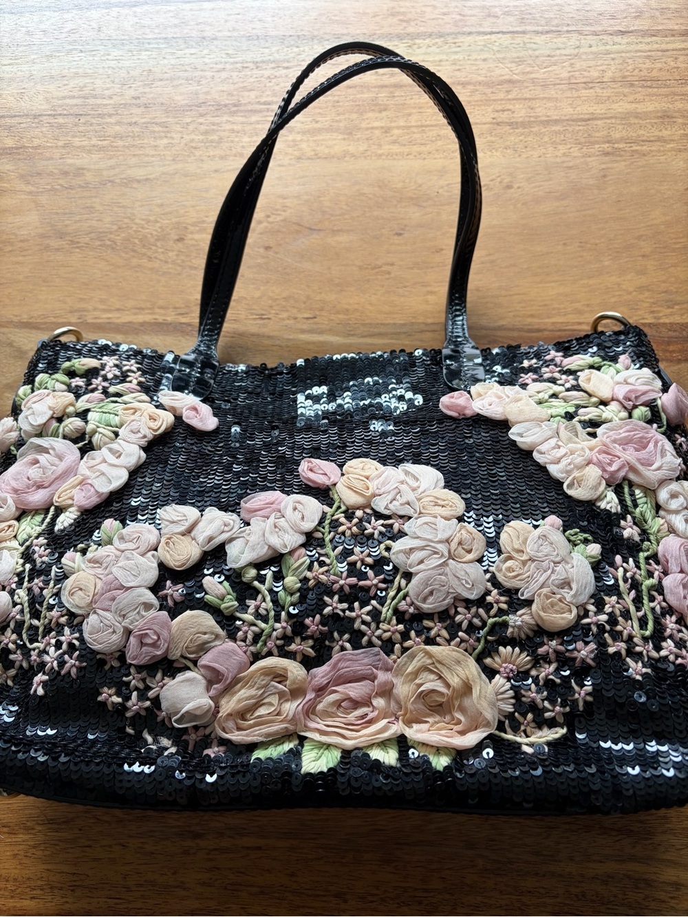Valentino Garavani Black Sequin Tote with Pink & Cream Floral Appliqué